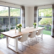Long Bay Dining - Long Bay Dining - dining room, floor, furniture, home, interior design, property, real estate, room, table, window, window covering, gray