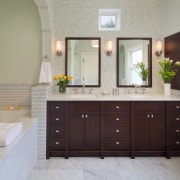 A dark wood vanity, cabinet door and mirror bathroom, bathroom accessory, bathroom cabinet, cabinetry, countertop, cuisine classique, floor, flooring, interior design, kitchen, room, sink, tile, gray