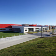Hobsonville schools,  steel skeletons by George Grant Engineering architecture, corporate headquarters, facade, house, property, real estate, roof, sky, teal, brown