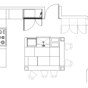 Plan of kitchen with square island - Plan angle, area, black and white, design, diagram, drawing, floor plan, font, furniture, line, line art, product, product design, structure, technical drawing, white
