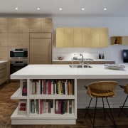 Modern open plan kitchen in city house - architecture, cabinetry, countertop, cuisine classique, interior design, kitchen, room, gray, brown