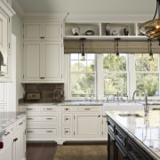 Light and airy traditional kitchen with white walls, cabinetry, countertop, cuisine classique, home, interior design, kitchen, room, window, gray