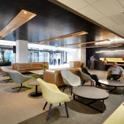 This informal meeting area in the Charter Hall ceiling, interior design, lobby, office, gray, brown