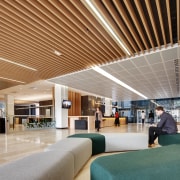 The new Charter Hall office reception area has architecture, ceiling, daylighting, interior design, lobby, gray, brown