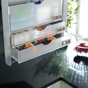 Rev-A-Shelf Universal Pull-Down kitchen storage system from Rev-A-Shelf countertop, home appliance, kitchen, kitchen appliance, kitchen stove, major appliance, refrigerator, small appliance, gray