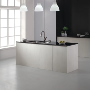 Pure and simple - this sleek, clean lines countertop, floor, furniture, interior design, kitchen, product design, sink, table, tap, gray, white