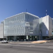 A translucent double facade on the Geyer complex architecture, building, commercial building, convention center, corporate headquarters, daytime, facade, headquarters, metropolis, metropolitan area, mixed use, real estate, sky, structure, gray