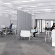 Office facilities and support are provided by New daylighting, floor, furniture, interior design, office, product design, gray