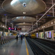 With their ultra-modern design and sleek blue and architecture, metro station, metropolis, metropolitan area, night, public transport, rail transport, rapid transit, track, train, train station, transport, black