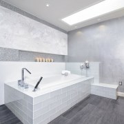 Spa style bathroom with large format subway tile angle, architecture, bathroom, bathroom sink, daylighting, floor, flooring, interior design, product design, sink, tap, tile, wall, white