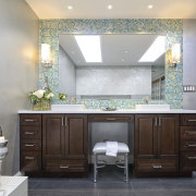 The blues and greens of the this mosaic bathroom, bathroom accessory, bathroom cabinet, cabinetry, countertop, home, interior design, room, gray