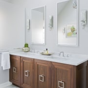 This wood vanity with twin sinks was chosen bathroom, bathroom accessory, bathroom cabinet, product design, sink, white, gray