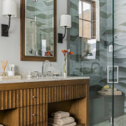 This bathroom, in a vacation home in the bathroom, bathroom accessory, bathroom cabinet, floor, home, interior design, room, sink, gray, brown