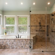 The threshold of this shower was lowered to bathroom, countertop, estate, floor, flooring, home, interior design, plumbing fixture, room, tile, wall, gray, brown