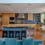 Quartersawn white oak was specified for the cabinets, cabinetry, countertop, interior design, kitchen, living room, real estate, room, gray