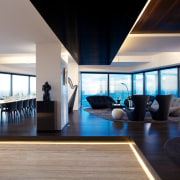 Designed for private and corporate entertaining, this penthouse architecture, ceiling, house, interior design, living room, real estate, window, gray, black