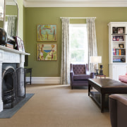 The classic-look furniture in this semi-formal living room bookcase, floor, flooring, furniture, home, interior design, living room, real estate, room, shelving, window, brown, gray