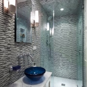 Vibrant horizontal tiles line the shower and a architecture, bathroom, ceiling, daylighting, glass, home, house, interior design, room, tile, gray