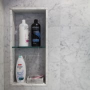 Shower niche in 1920s condominium bathroom renovation floor, flooring, product, tile, wall, gray
