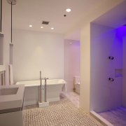 The different colored settings vary the mood in architecture, bathroom, ceiling, daylighting, estate, floor, flooring, home, interior design, lighting, real estate, room, wall, gray