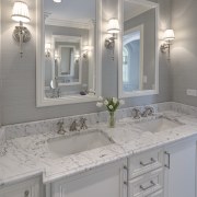 Vanity in traditional bathroom suite - Vanity in bathroom, bathroom accessory, bathroom cabinet, cabinetry, countertop, cuisine classique, floor, home, interior design, kitchen, room, sink, tile, wall, gray