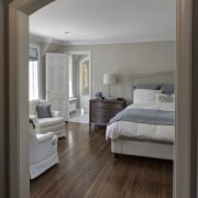 Classic mouldings in most existing rooms of this bedroom, ceiling, floor, flooring, furniture, hardwood, home, interior design, laminate flooring, room, suite, wall, window, wood, wood flooring, gray, black