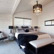 This master bedroom in the Lockwood Stewart show bed frame, bedroom, ceiling, floor, home, interior design, living room, real estate, room, wall, window, gray