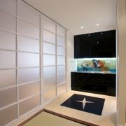 Tea cabinet seen from meditation room in Japanese architecture, ceiling, interior design, room, gray