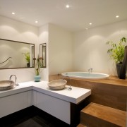 At the request of the owners, this space architecture, bathroom, ceiling, countertop, floor, interior design, kitchen, room, sink, orange