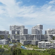 Openings between the stacked buildings in The Interlace bird's eye view, building, city, cityscape, condominium, corporate headquarters, daytime, landmark, metropolis, metropolitan area, mixed use, real estate, residential area, sky, skyline, skyscraper, suburb, tower block, urban area, urban design, white