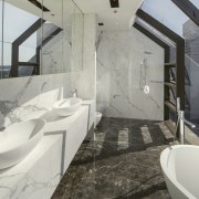 This marble bathroom with twin vanities, freestanding bathtub architecture, bathroom, interior design, property, real estate, gray