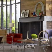 Steel I-beams form the fireplace surround in this chair, furniture, home, interior design, living room, lobby, table, window