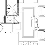 Traditional, simply styled bathroom with decorative wall tiles, angle, area, black and white, design, diagram, drawing, floor plan, font, line, line art, product, product design, square, structure, technical drawing, text, white