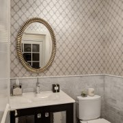 Toilet room in traditional bathroom by Drury Design bathroom, ceiling, ceramic, floor, flooring, home, interior design, plumbing fixture, room, sink, tap, tile, wall, window, gray