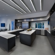 The adjoining kitchen cabinetry features a dark Raven interior design, gray, black