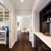 Glass sliding doors can screen the pantry on countertop, interior design, kitchen, real estate, room, gray, black