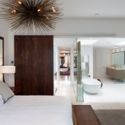 Just like a tropical resort, this new suite bedroom, ceiling, home, interior design, room, suite, gray