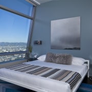 Artwork featuring the Hollywood Hills and sign echoes bed, bed frame, bedroom, daylighting, interior design, mattress, real estate, room, suite, window, teal, gray