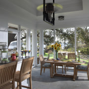 This screened porch is accessed from the new dining room, home, interior design, outdoor structure, patio, porch, real estate, window, gray