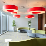 Cedar screens feature in the MSC staff breakout ceiling, conference hall, interior design, lobby, office, product design, gray