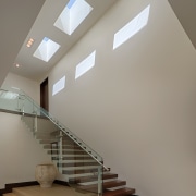 Main staircase in new house by architect Mark architecture, ceiling, daylighting, glass, handrail, home, house, interior design, product design, stairs, gray