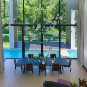 The view from mezzanine home office in new architecture, furniture, interior design, living room, table, window, gray