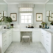 A soft color palette enhances the tranquil ambiance bathroom, bathroom accessory, bathroom cabinet, cabinetry, countertop, cuisine classique, home, interior design, kitchen, room, sink, window, gray