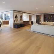 Open-plan kitchen dining living space in waterfront apartment floor, flooring, hardwood, interior design, laminate flooring, living room, property, real estate, room, wood, wood flooring, orange, gray