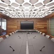 The wood veneer boardroom is a showcase for auditorium, ceiling, conference hall, daylighting, interior design, table, gray, white