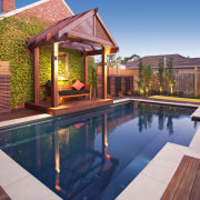 Narellan Pools offers contemporary, affordable in-ground pools to backyard, deck, estate, home, house, leisure, outdoor structure, property, real estate, swimming pool, wood, red