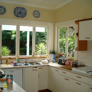 Kitchen in New Zealand traditional villa before renovation countertop, home, house, interior design, kitchen, real estate, room, window, brown