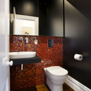 Warm red mosaic tiles line a feature wall bathroom, ceiling, floor, home, interior design, room, tile, wall, black