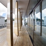 Large timber fins on the deck provide sun architecture, daylighting, floor, flooring, glass, house, interior design, window, wood, gray
