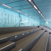 Spectator seating at the St Cuthberts Centennial Centre airport terminal, architecture, building, daylighting, fixed link, infrastructure, line, metropolitan area, reflection, sky, structure, teal, black